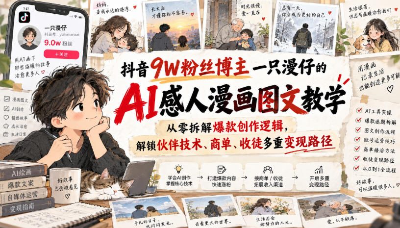 抖音9W粉丝博主一只漫仔的AI感人漫画图文教学，从零拆解爆款创作逻辑，解锁伙伴技术、商单、收徒多重变现路径-云网创