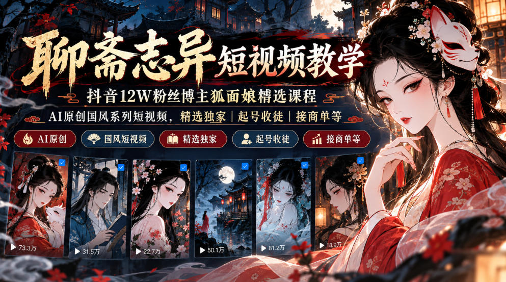 聊斋志异短视频教学，抖音12W粉丝博主狐面娘精选课程，AI原创国风系列短视频，精选独家丨起号收徒丨接商单等-云网创