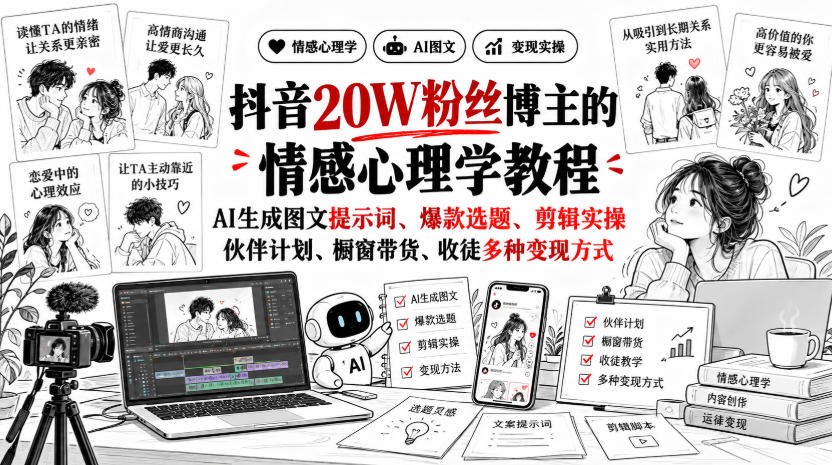 抖音20W粉丝博主静候心声的情感心理学教程，AI生成图文提示词、爆款选题、剪辑实操，伙伴计划、橱窗带货、收徒多种变现方式-云网创