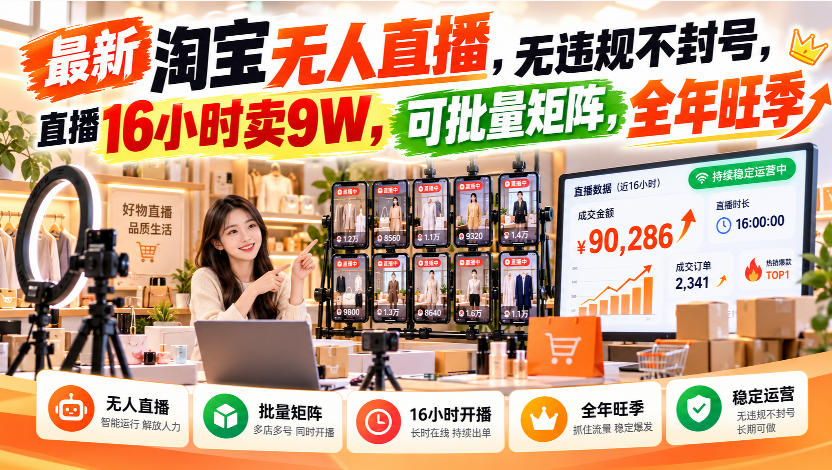 最新淘宝无人直播，无违规不封号，直播16小时卖9W，可批量矩阵，全年旺季【揭秘】-云网创