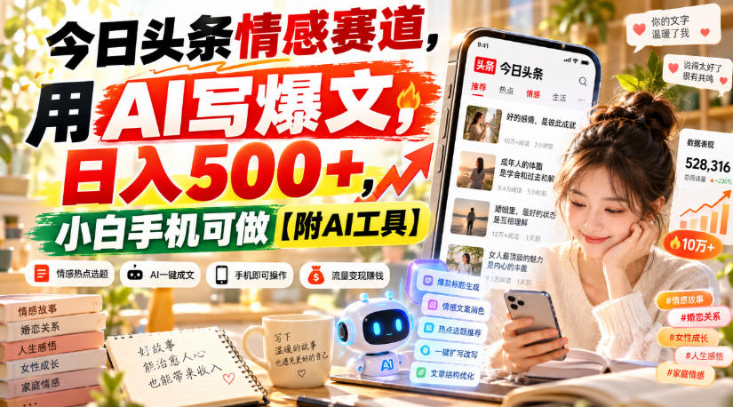 今日头条情感赛道，用AI写爆文，日入500+，小白手机可做【附AI工具】-云网创