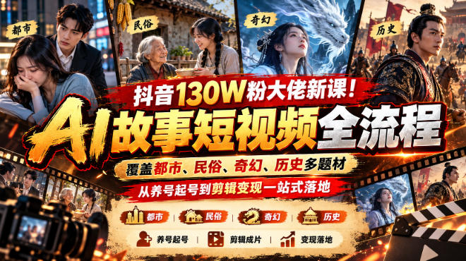 抖音130W粉大佬新课！AI故事短视频全流程，覆盖都市、民俗、奇幻、历史多题材，从养号起号到剪辑变现一站式落地-云网创