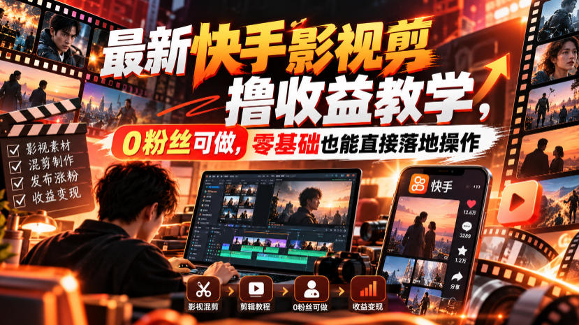 最新快手影视混剪撸收益教学，0粉丝可做，零基础也能直接落地操作-云网创