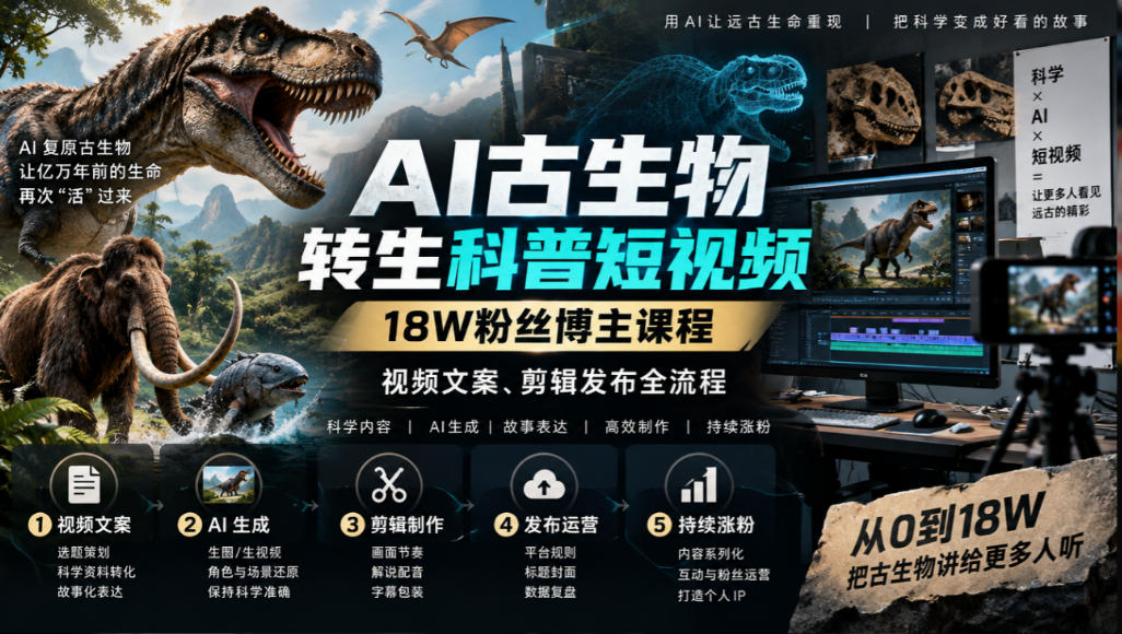 AI古生物转生科普短视频，18W粉丝博主课程，视频文案、剪辑发布全流程-云网创