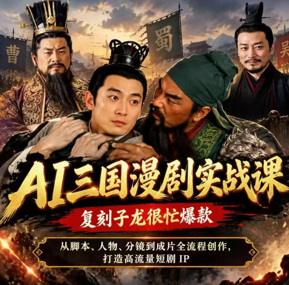 抖音14W粉博主同款AI三国漫剧实战课，复刻子龙很忙爆款，从脚本、人物、分镜到成片全流程创作，打造高流量短剧IP-云网创