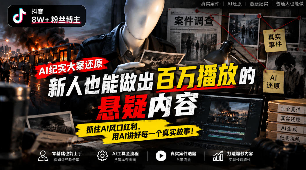 抖音8W粉丝博主的AI纪实大案还原教学，新人也能做出百W播放的悬疑内容，抓住AI风口红利，用AI讲好每一个真实故事-云网创