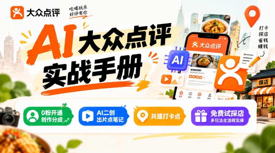 某局的AI大众点评实战手册，0粉开通创作分成、AI二创出片点笔记、共建打卡点、免费试探店多玩法全流程实操-云网创