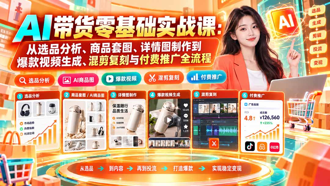 AI带货零基础实战课：从选品分析、商品套图、详情图制作到爆款视频生成、混剪复刻与付费推广全流程-云网创