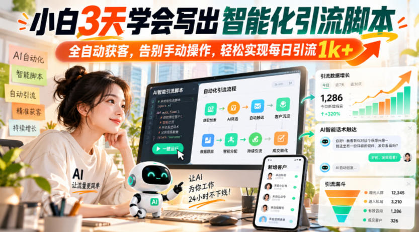 小白3天学会写出智能化引流脚本，全自动获客，告别手动操作，轻松实现每日引流1k+-云网创