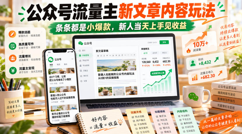 公众号流量主新文章内容玩法，条条都是小爆款，新人当天上手见收益-云网创