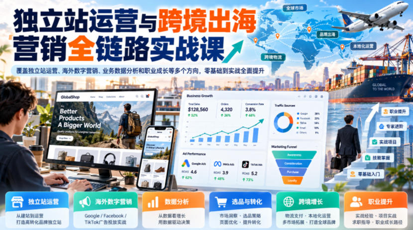 独立站运营与跨境出海营销全链路实战课，覆盖独立站运营、海外数字营销、业务数据分析和职业成长等多个方向，零基础到实战全面提升-云网创