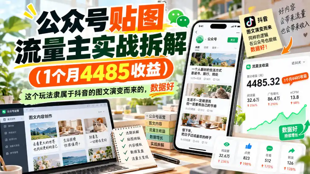 公众号贴图流量主实战拆解(1个月4485收益)，这个玩法隶属于抖音的图文演变而来的，数据好-云网创