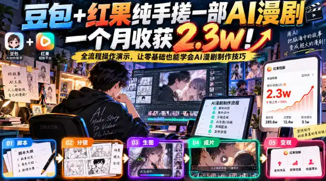 豆包+红果纯手搓一部AI漫剧一个月收获2.3w！全流程操作演示，让零基础也能学会AI漫剧制作技巧-云网创