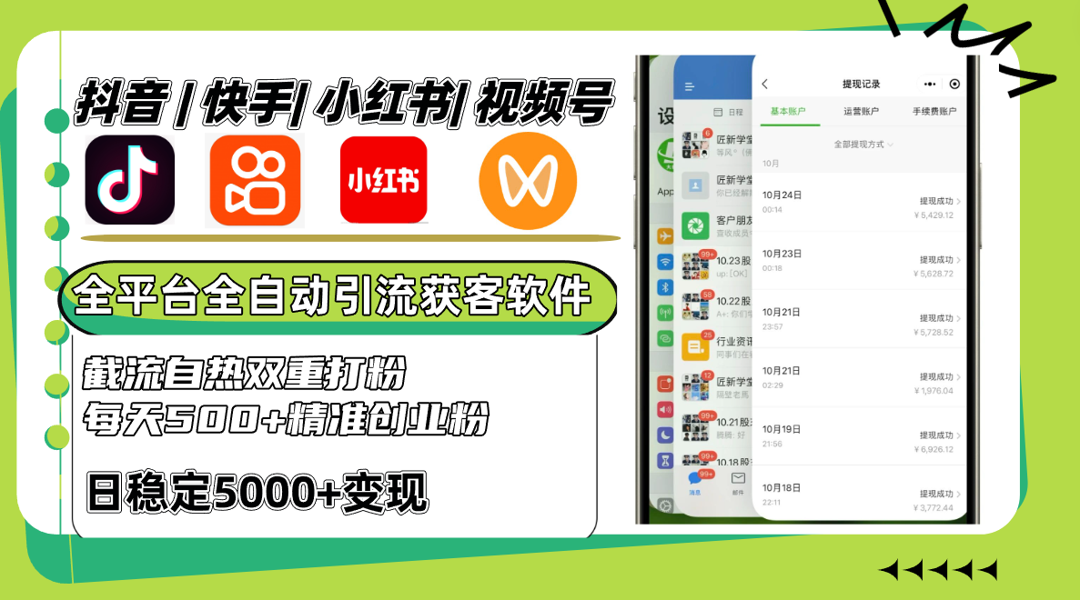 抖音快手小红书视频号全平台全自动引流获客系统，截流自热双重打粉，每天500+精准粉-云网创