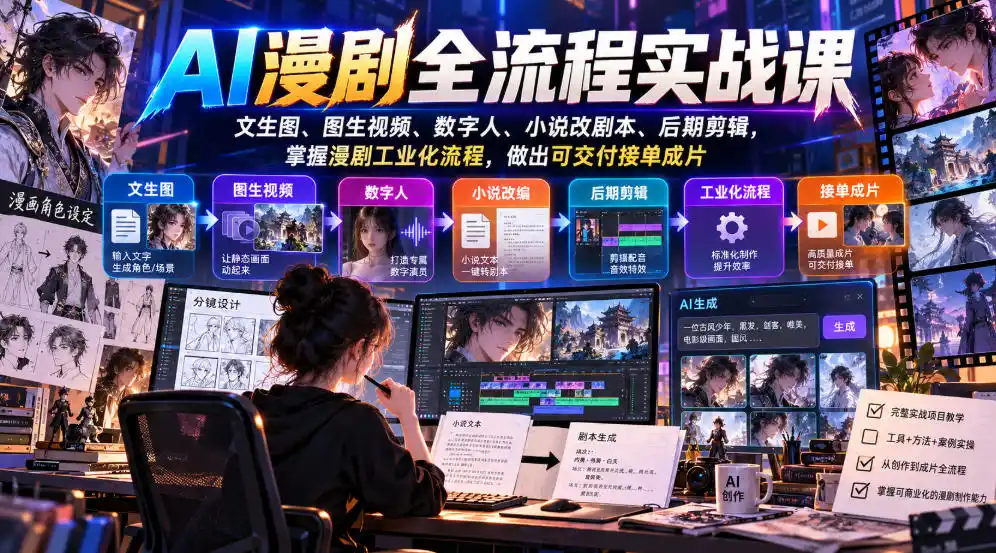 AI漫剧全流程实战课，文生图、图生视频、数字人、小说改剧本、后期剪辑，掌握漫剧工业化流程，做出可交付接单成片-云网创
